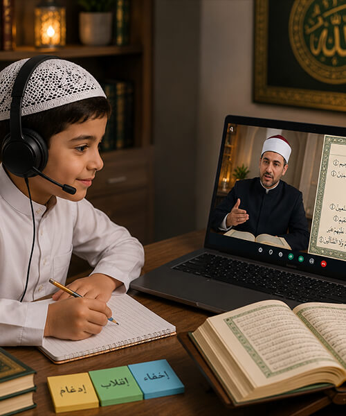 Child taking online Tajweed classes with headset and Quran