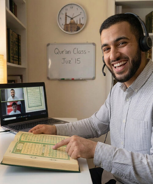 Teacher and student in a live online Quran classes session