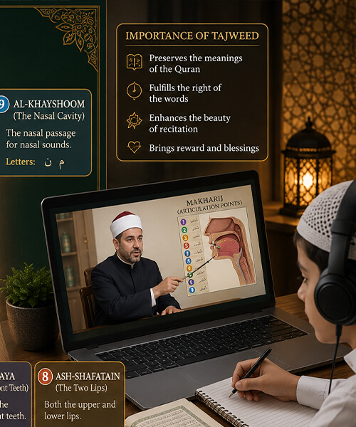 Diagram style visual of Tajweed articulation points used in online Tajweed classes