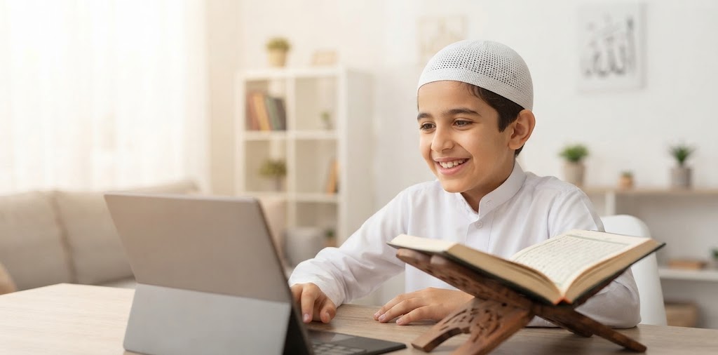 Happy child smiling during an online Quran lesson