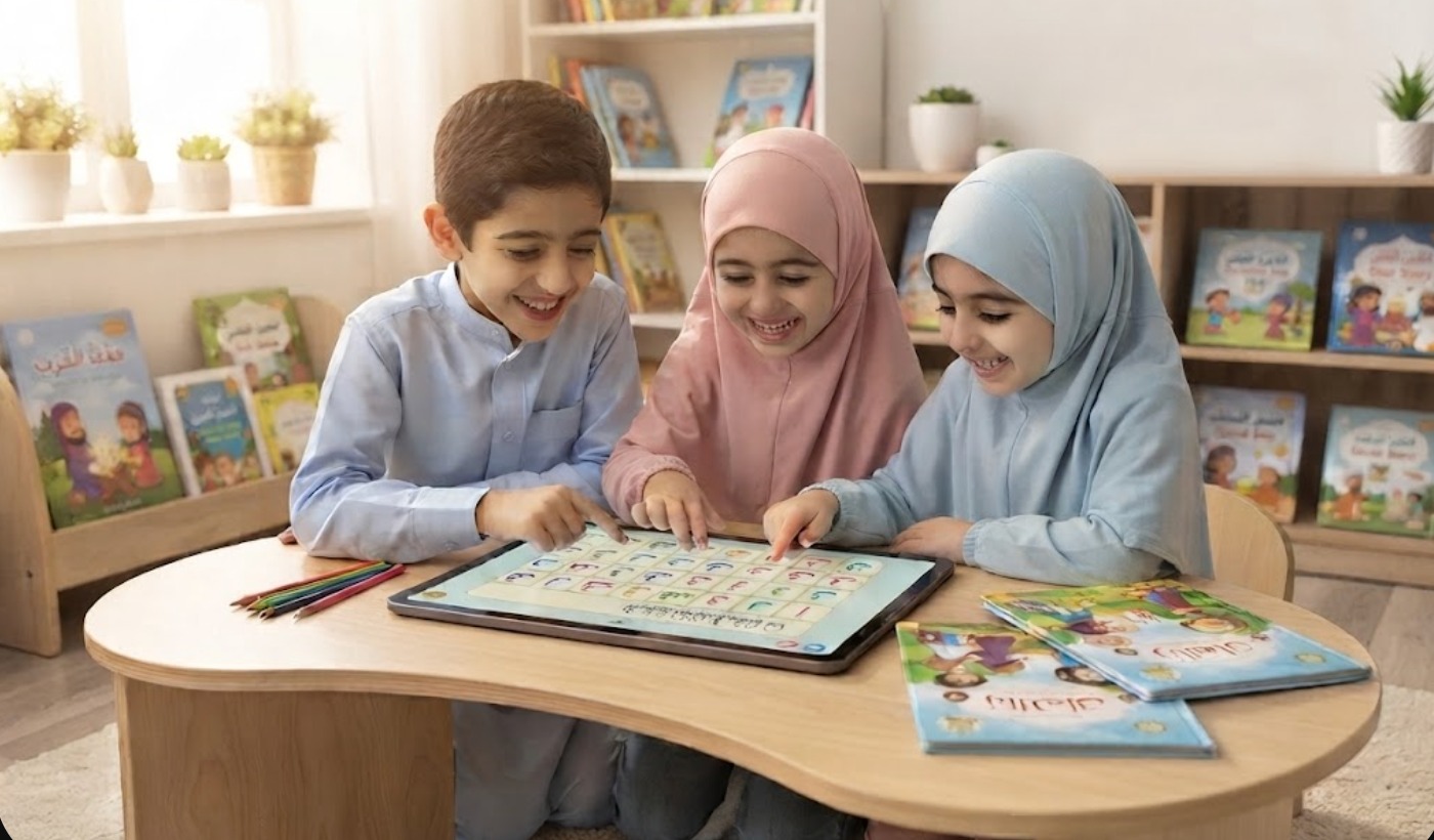 Children happily learning Arabic and Quran together